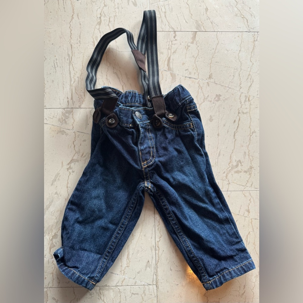 Baby Boy CARTER’S Dark Blue Straight Leg Denim Jeans Suspenders Sz 6 Month EUC